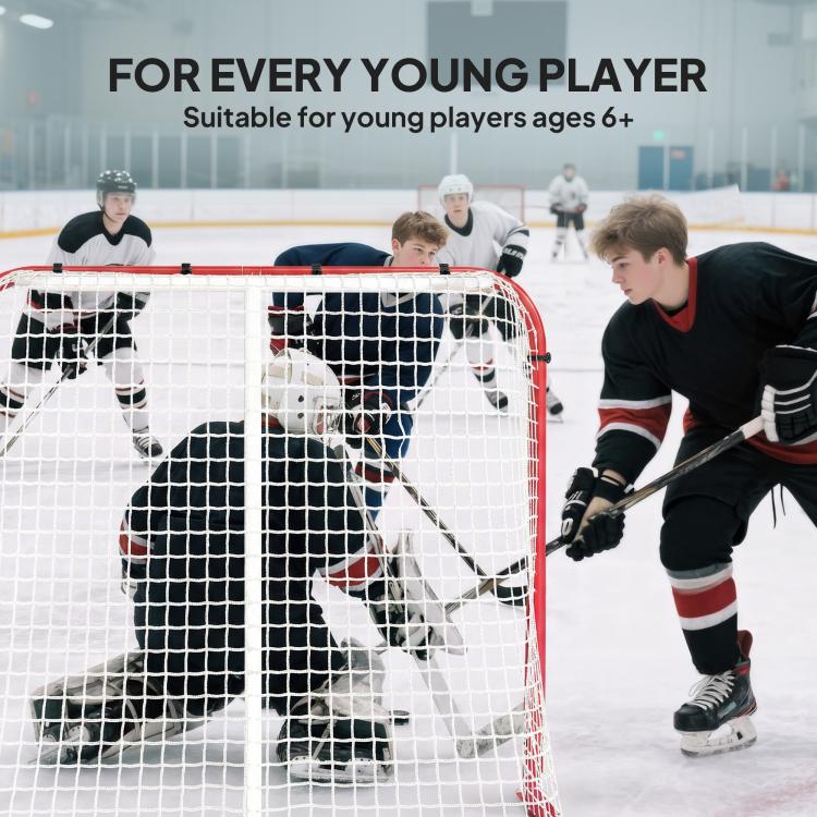 Hockey goal with white mesh net and red frame, young players around it