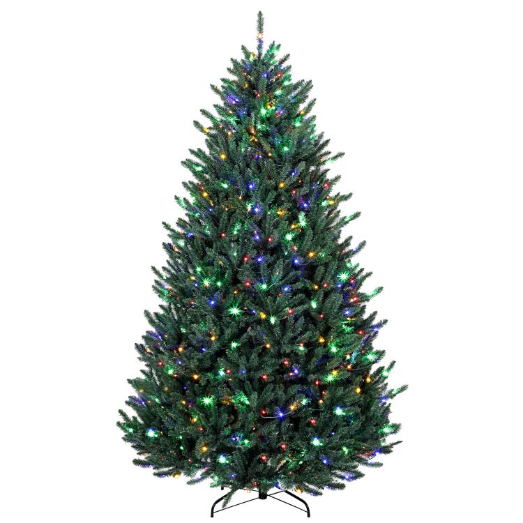 Prelit Colorado blue spruce Christmas tree with multicolored LED lights and hinged stand