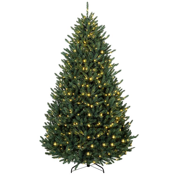Prelit Colorado blue spruce Christmas tree with warm white LED lights and hinged stand