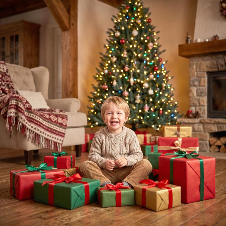 Prelit Christmas tree with dense green needles and warm multi-color lights, hinged base