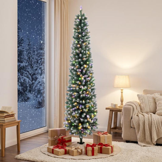 6 ft prelit flocked pencil Christmas tree with multicolor lights on a stand