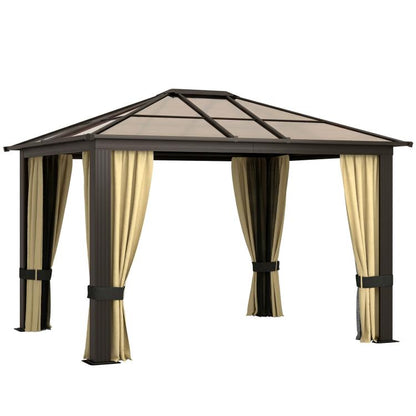 Black and beige hardtop gazebo canopy with hanging curtains, open sides