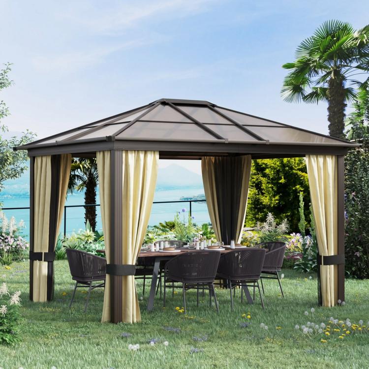 Hardtop gazebo with beige curtains and black frame over outdoor patio table