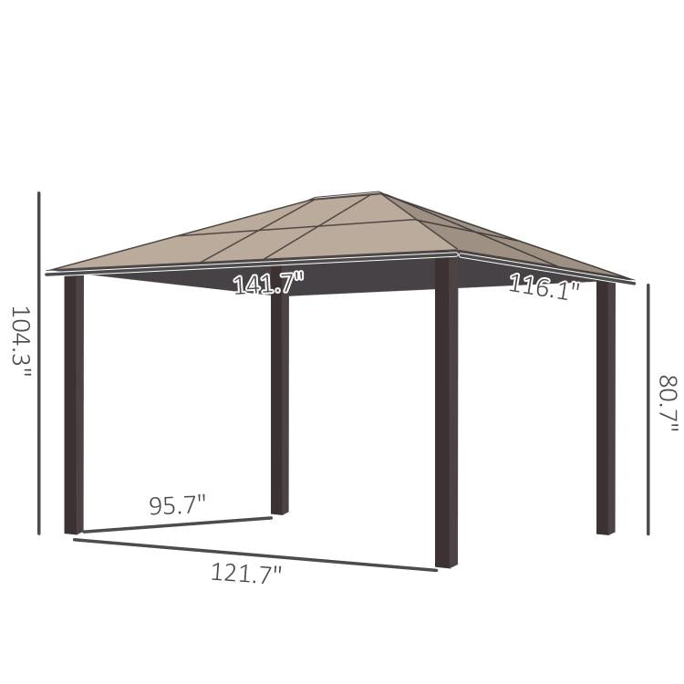 Black and beige hardtop gazebo canopy with roof and four corner posts, dimensions