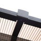 Close-up of black hardtop gazebo top beam with beige curtain fabric