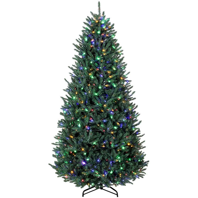 9 ft artificial Christmas tree with green needles, multicolored lights on a metal stand
