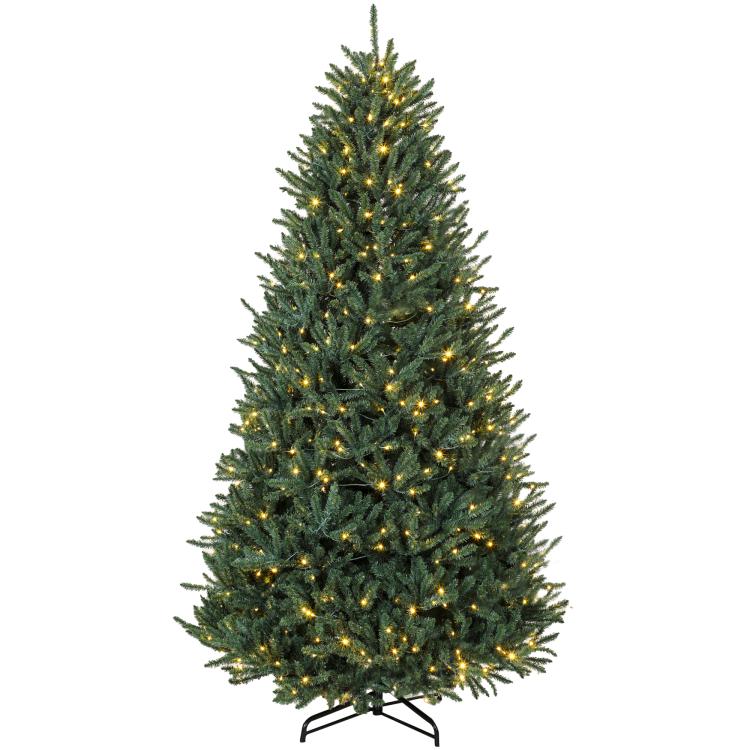 9 ft artificial Christmas tree with green needles, warm white lights on a metal stand
