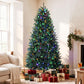 Tall artificial Christmas tree with green needles and multicolored light strands