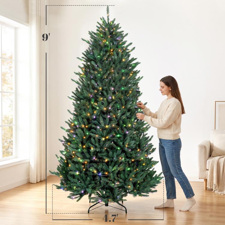 9 ft artificial Christmas tree with multicolored lights and foldable metal stand