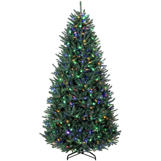 9 ft artificial Christmas tree with green needles, multicolored lights on a metal stand