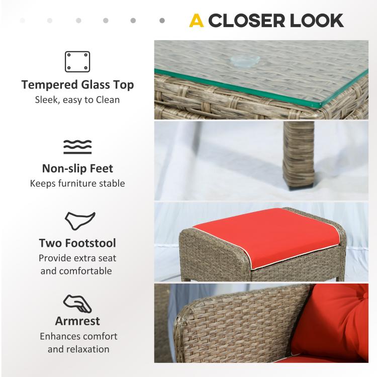 Rattan lounge set close-up with tempered glass top, non-slip feet, and armrest