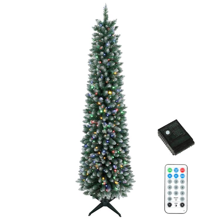 Flocked 8 ft pencil Christmas tree with dual-color prelit lights and folding base stand