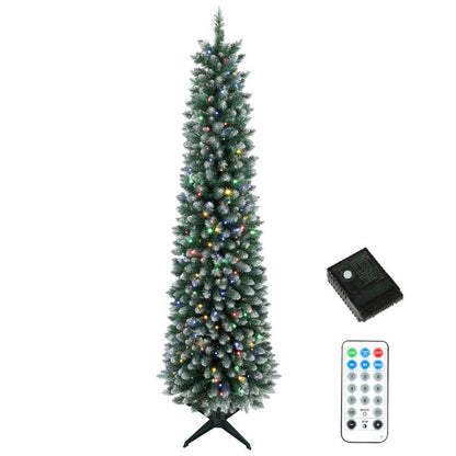 Flocked 8 ft pencil Christmas tree with dual-color prelit lights and folding base stand