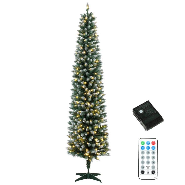 Flocked 8 ft pencil Christmas tree with warm and multi-color prelit lights, on stand