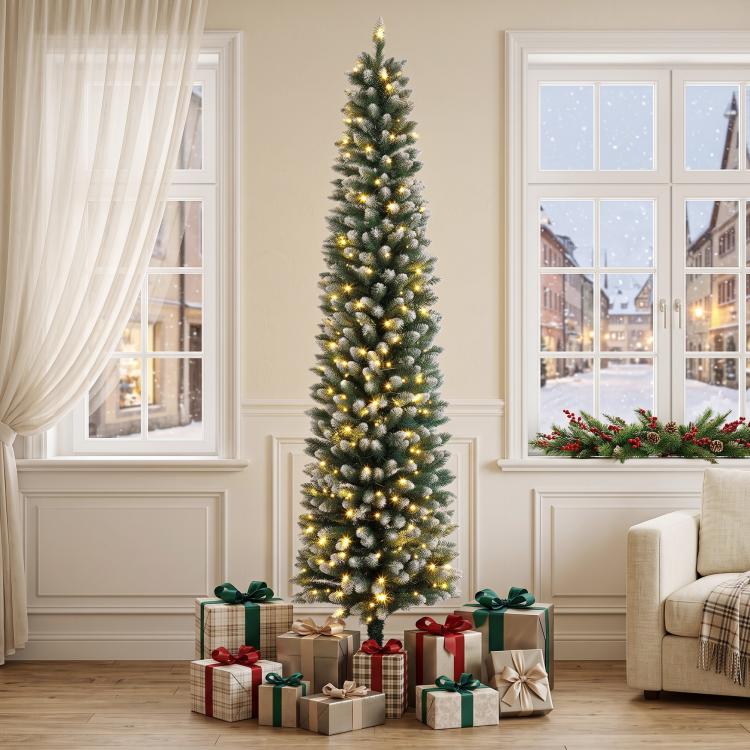 8ft flocked pencil Christmas tree, green, prelit with warm and cool lights