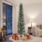 Flocked 8 ft pencil Christmas tree standing on a base with dual-color prelit lights