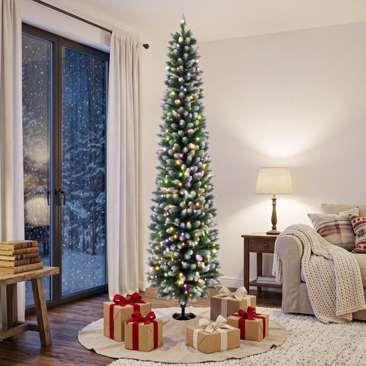 Flocked 8 ft pencil Christmas tree standing on a base with dual-color prelit lights