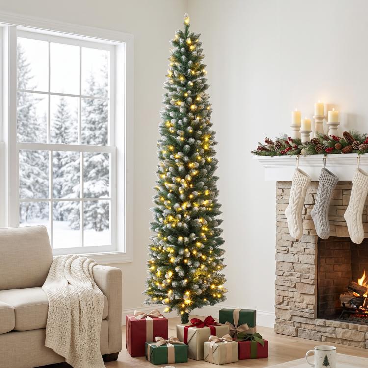 Slim flocked pencil Christmas tree with dual-color prelit lights on base stand