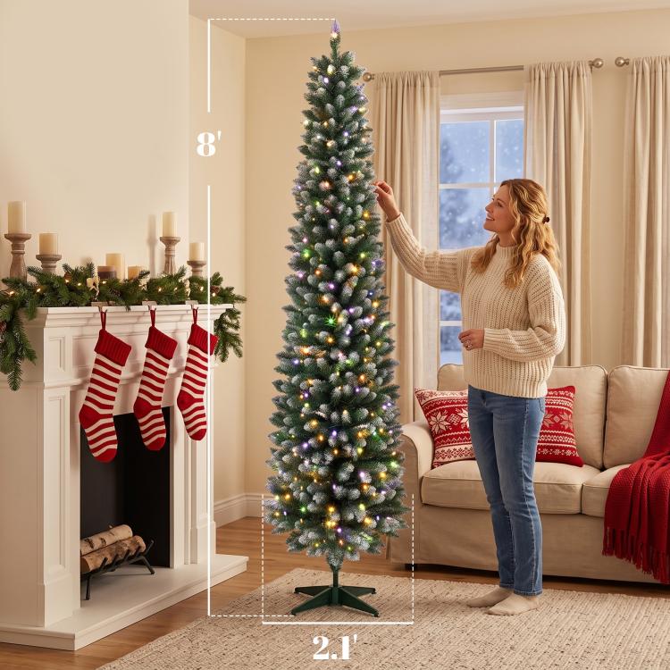 8 ft slim pencil Christmas tree with dual-color prelit lights and sturdy base stand