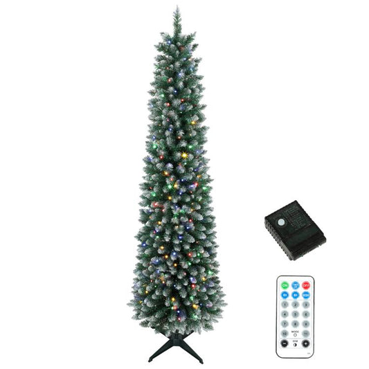 Flocked 8 ft pencil Christmas tree with dual-color prelit lights and folding base stand