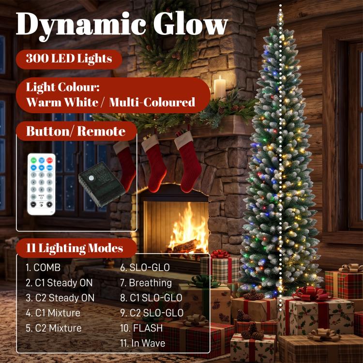 Prelit flocked pencil Christmas tree with dual-color lights and included remote control