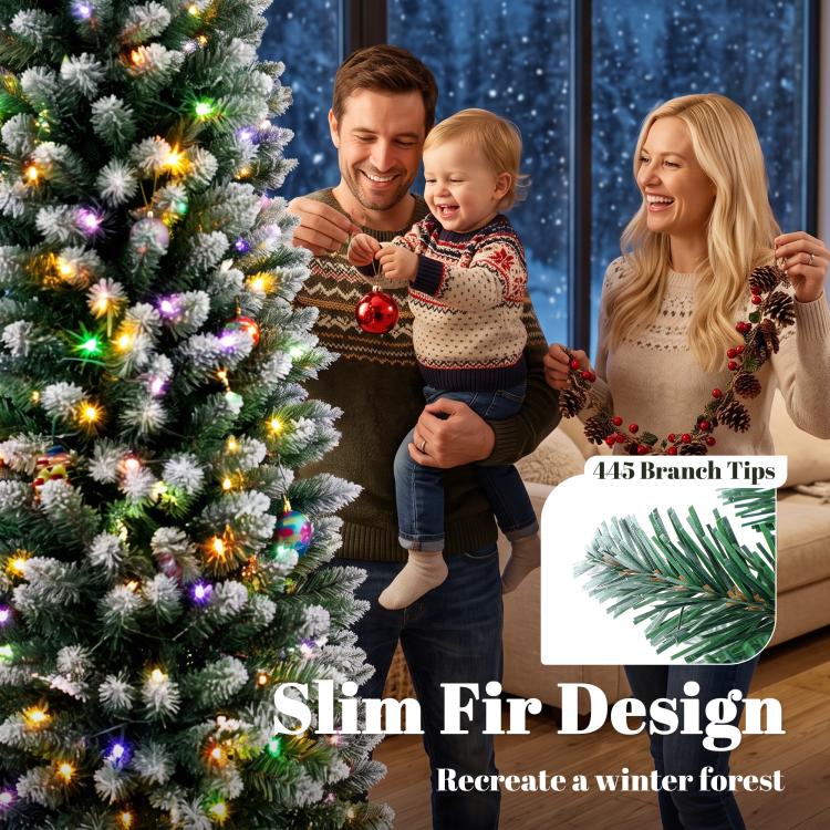 Flocked slim Christmas tree with multicolored prelit branch tips