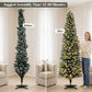 Tall flocked 8 ft pencil Christmas tree on base stand with dual-color prelit lights