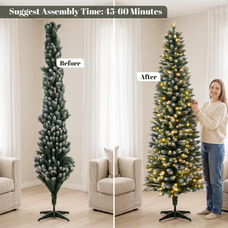 Tall flocked 8 ft pencil Christmas tree on base stand with dual-color prelit lights