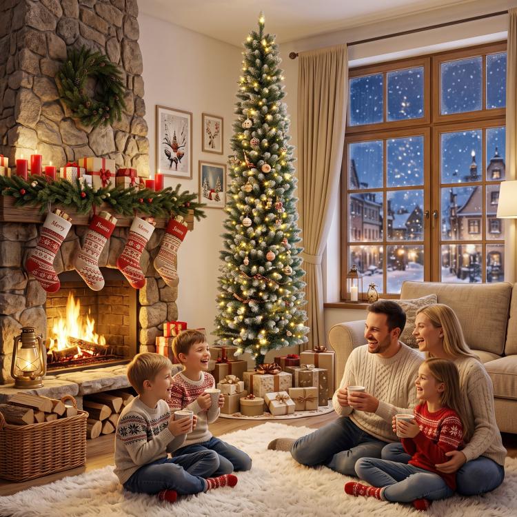 Flocked pencil Christmas tree with dual-color prelit lights on stable base stand