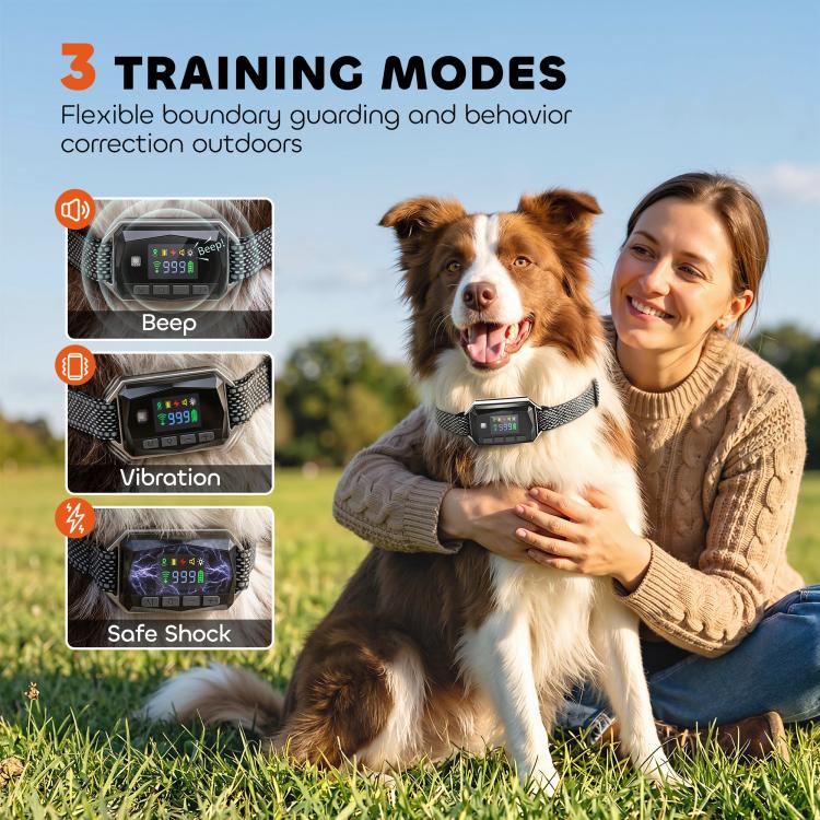 Dog wearing GPS training collar receiver with patterned strap, held by a person