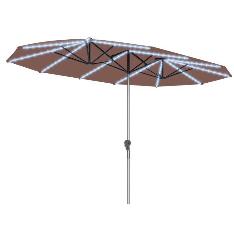 Tan patio umbrella canopy with built-in white LED lights around ribs
