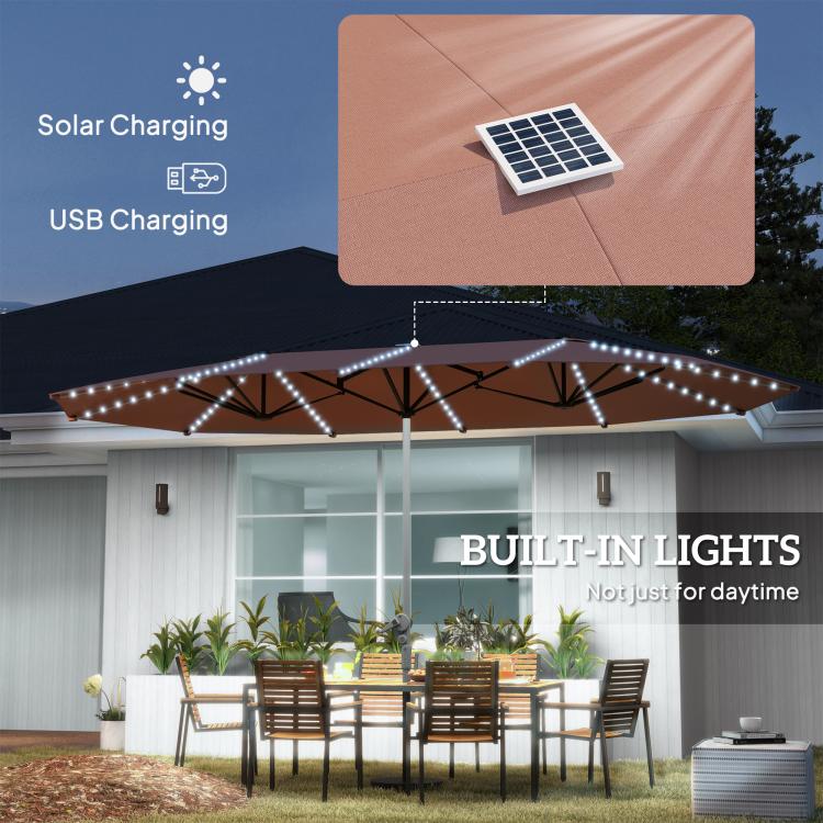 Tan patio umbrella with solar panel and built-in white LED lights