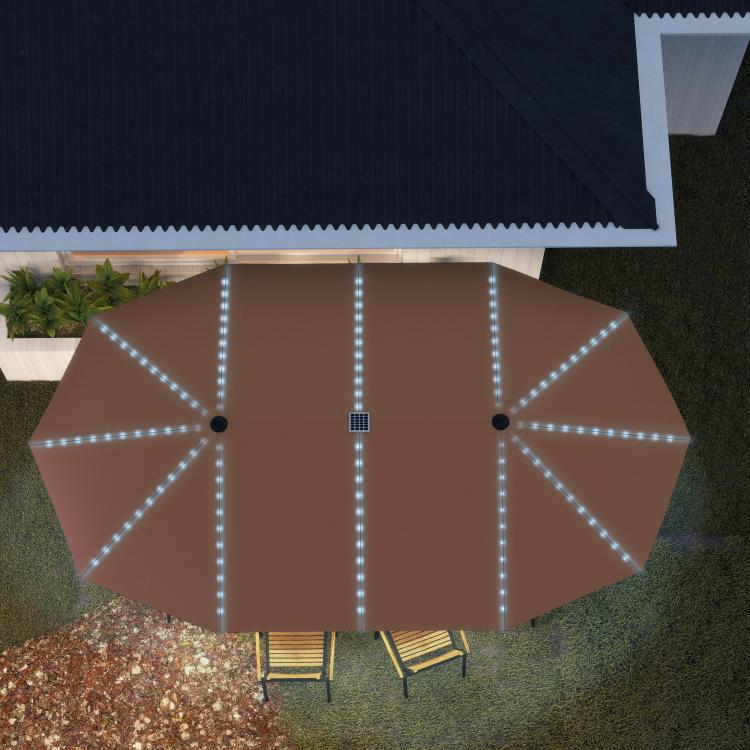 Tan patio umbrella canopy with evenly spaced white LED lights, top view
