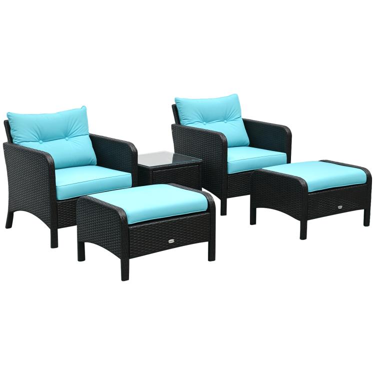 Set of 2 dark wicker lounge chairs with teal seat cushions and matching ottoman seats