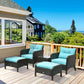 Outdoor dark wicker lounge chairs with teal cushions and matching ottoman seats on deck