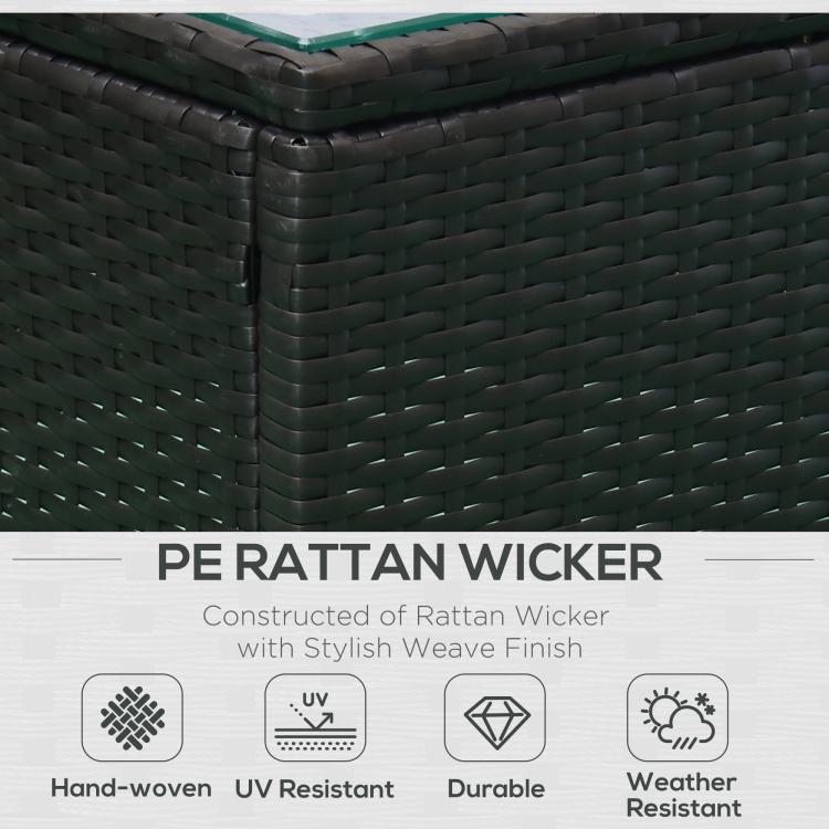 Close-up of dark woven PE rattan wicker weave with rounded corner detail