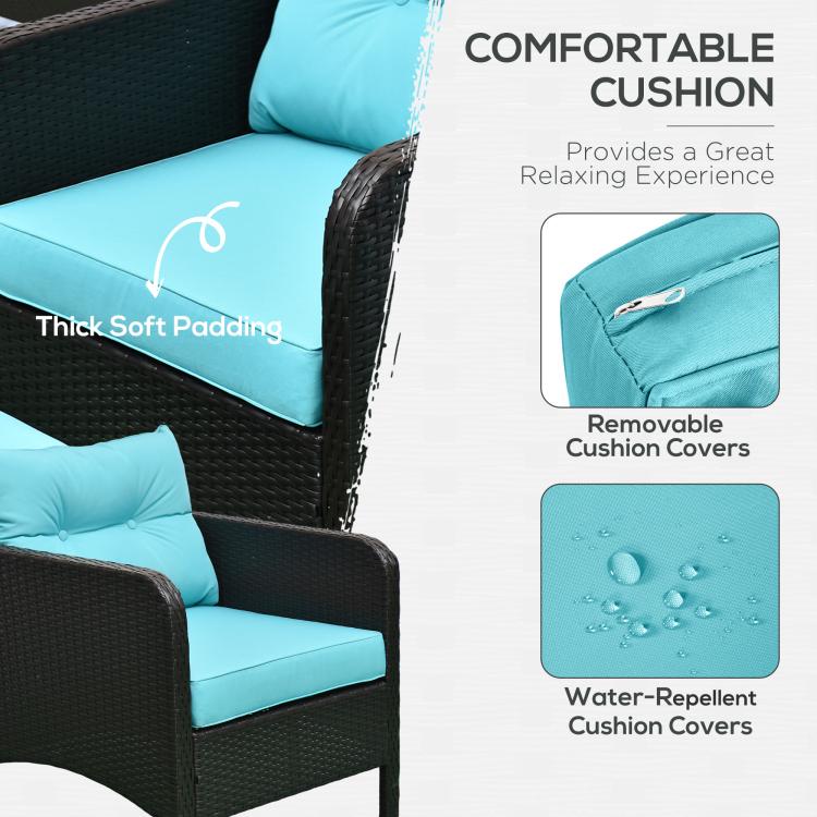 Teal cushion on dark wicker lounge chair with removable cover detail