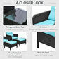 Tempered glass side table and two dark wicker footstools with teal cushions