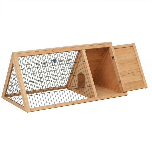 Brown wooden small animal hutch with wire mesh front and side opening door