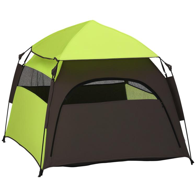 Green and black pop-up dog tent with mesh front window and arched roof canopy