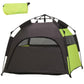 Portable green and black pet camping tent with mesh panels and open front