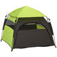 Portable pop-up pet tent with arched mesh door, lime green and black fabric