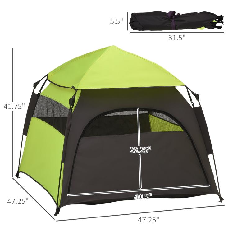 Measured green and black pop-up dog tent with mesh front and black support frame