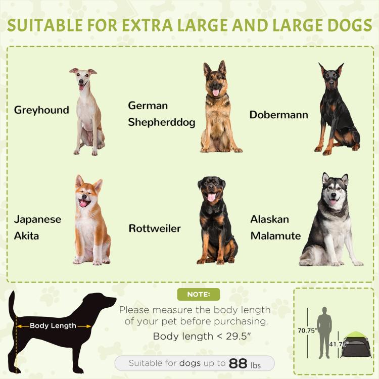 Dog size suitability chart for extra-large and large dogs with pop-up tent graphic