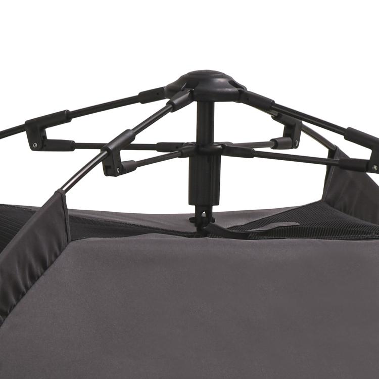 Black frame top of the pop-up dog tent with central connector and fabric canopy