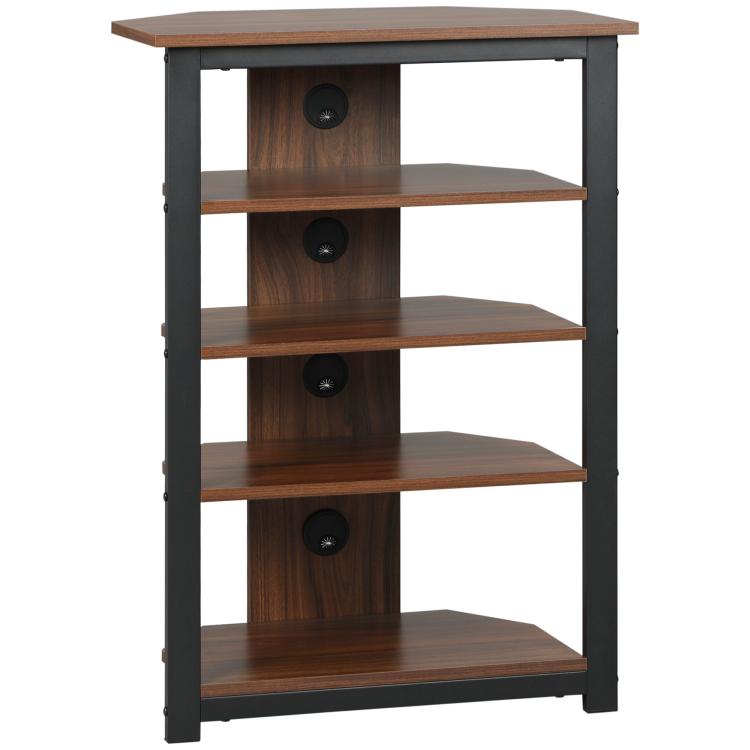 Brown 4-tier media stand with open shelves, black frame, and circular cable grommets