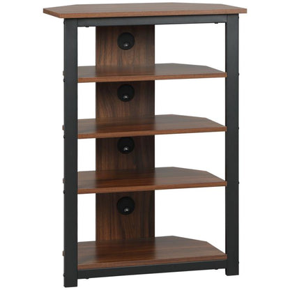 Brown 4-tier media stand with open shelves, black frame, and circular cable grommets