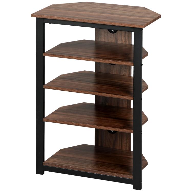 Brown 4-tier media stand with open shelves and black frame, angled view