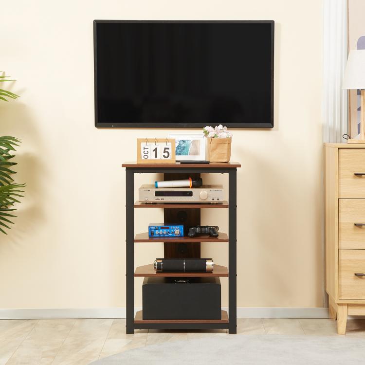 Brown 4-tier media console with open shelves and black frame under a wall TV