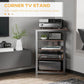 Brown 4-tier TV media stand with open shelves and black frame, set for AV gear